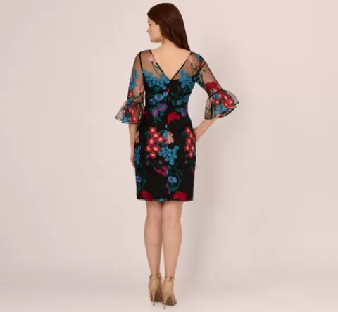 Adrianna Papell Multicolor Floral Embroidered Sheath Dress With Sheer Bell Sleeves In Black Multi BLACKMULTI Best