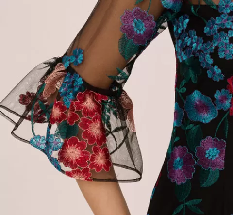 Adrianna Papell Multicolor Floral Embroidered Sheath Dress With Sheer Bell Sleeves In Black Multi BLACKMULTI Best
