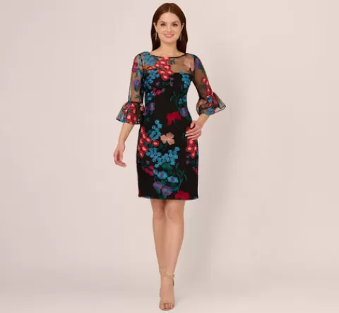 Adrianna Papell Multicolor Floral Embroidered Sheath Dress With Sheer Bell Sleeves In Black Multi BLACKMULTI Best