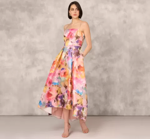 Adrianna Papell Multicolor Metallic Floral Print Jacquard High Low Gown With Pockets In Pink Multi PINKMULTI Cheap