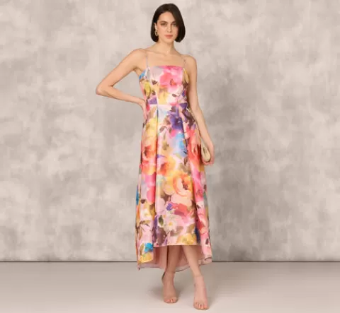 Adrianna Papell Multicolor Metallic Floral Print Jacquard High Low Gown With Pockets In Pink Multi PINKMULTI Cheap