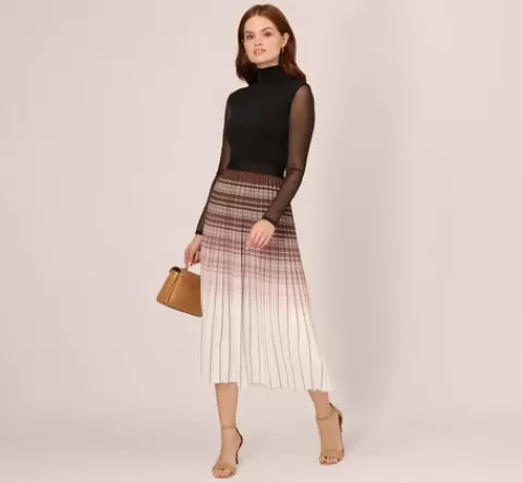 Adrianna Papell Multicolor Stripe Print Pleated Midi Skirt In Mocha Ivory Chevron Stripe MOCHA-IVORYCHEVRONSTRIPE Best Sale