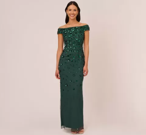 Adrianna Papell Off Shoulder Dress With Floral Embellishment In Dusty Emerald DUSTYEMERALD Cheap