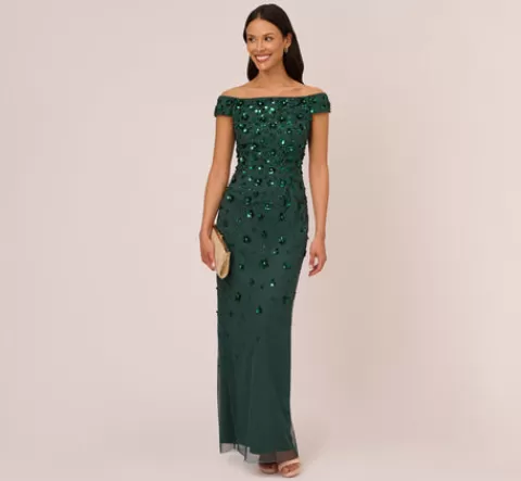 Adrianna Papell Off Shoulder Dress With Floral Embellishment In Dusty Emerald DUSTYEMERALD Cheap