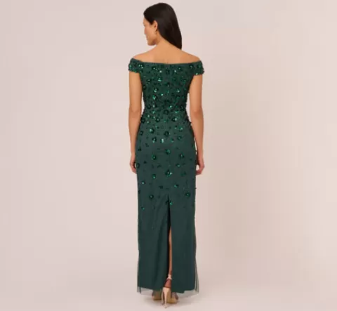 Adrianna Papell Off Shoulder Dress With Floral Embellishment In Dusty Emerald DUSTYEMERALD Cheap