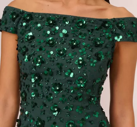 Adrianna Papell Off Shoulder Dress With Floral Embellishment In Dusty Emerald DUSTYEMERALD Cheap