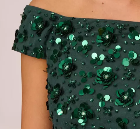 Adrianna Papell Off Shoulder Dress With Floral Embellishment In Dusty Emerald DUSTYEMERALD Cheap