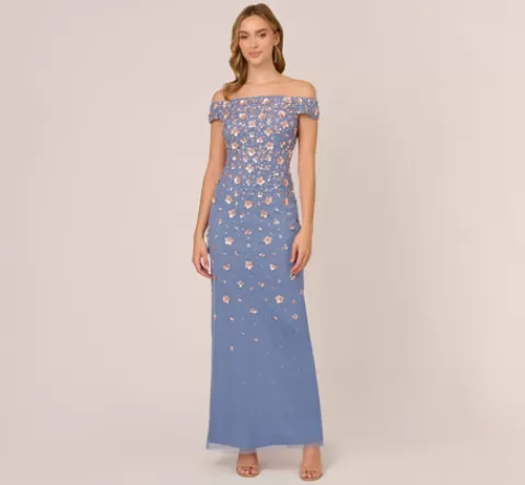 Adrianna Papell Off Shoulder Dress With Floral Embellishment In French Blue Coral FRENCHBLUE-CORAL Store