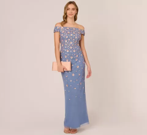Adrianna Papell Off Shoulder Dress With Floral Embellishment In French Blue Coral FRENCHBLUE-CORAL Store