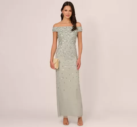 Adrianna Papell Off Shoulder Dress With Floral Embellishment In Frosted Sage FROSTEDSAGE Cheap