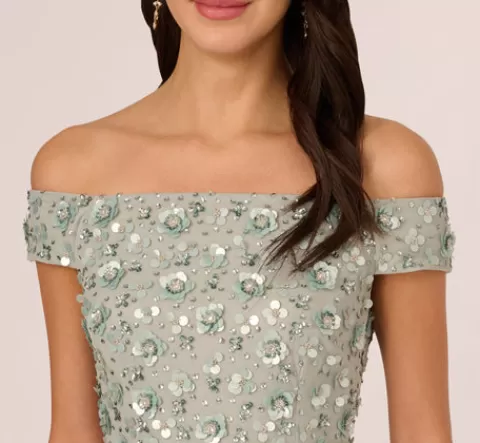 Adrianna Papell Off Shoulder Dress With Floral Embellishment In Frosted Sage FROSTEDSAGE Cheap