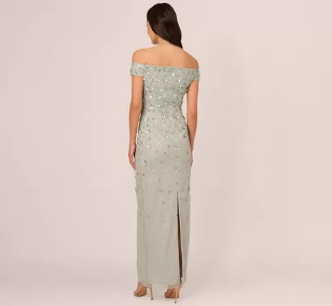 Adrianna Papell Off Shoulder Dress With Floral Embellishment In Frosted Sage FROSTEDSAGE Cheap