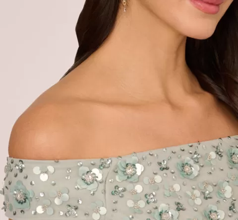 Adrianna Papell Off Shoulder Dress With Floral Embellishment In Frosted Sage FROSTEDSAGE Cheap