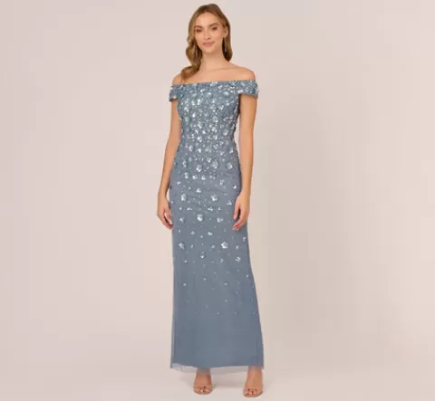 Adrianna Papell Off Shoulder Dress With Floral Embellishment In Vintage Blue VINTAGEBLUE Best