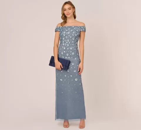 Adrianna Papell Off Shoulder Dress With Floral Embellishment In Vintage Blue VINTAGEBLUE Best