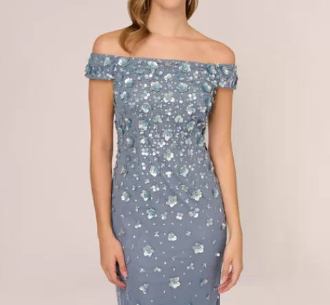 Adrianna Papell Off Shoulder Dress With Floral Embellishment In Vintage Blue VINTAGEBLUE Best