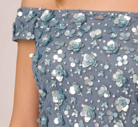 Adrianna Papell Off Shoulder Dress With Floral Embellishment In Vintage Blue VINTAGEBLUE Best