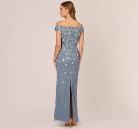 Adrianna Papell Off Shoulder Dress With Floral Embellishment In Vintage Blue VINTAGEBLUE Best