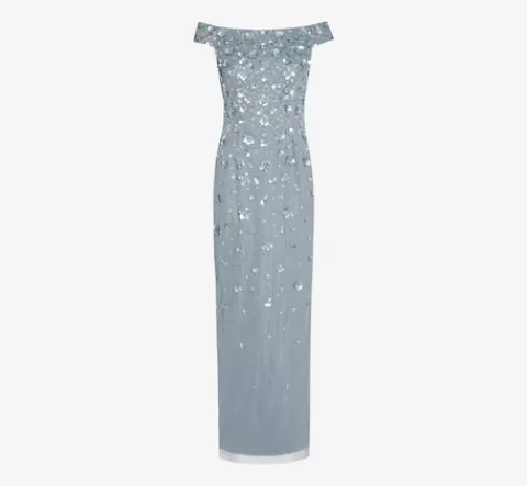 Adrianna Papell Off Shoulder Dress With Floral Embellishment In Vintage Blue VINTAGEBLUE Best