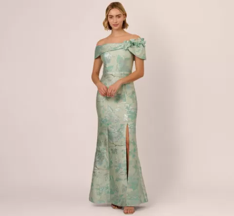 Adrianna Papell Off Shoulder Floral Jacquard Mermaid Gown In Icy Sage ICYSAGE Hot