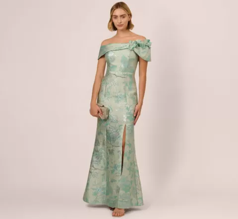 Adrianna Papell Off Shoulder Floral Jacquard Mermaid Gown In Icy Sage ICYSAGE Hot