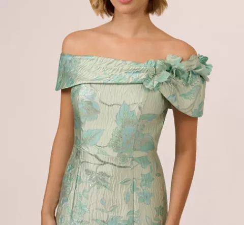 Adrianna Papell Off Shoulder Floral Jacquard Mermaid Gown In Icy Sage ICYSAGE Hot