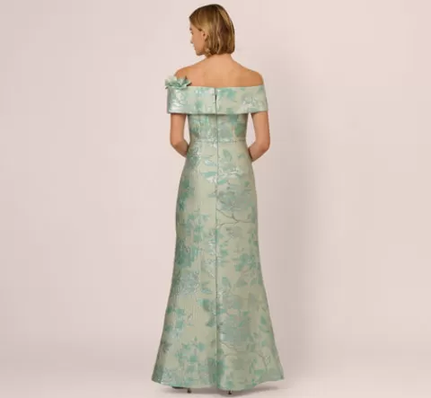 Adrianna Papell Off Shoulder Floral Jacquard Mermaid Gown In Icy Sage ICYSAGE Hot