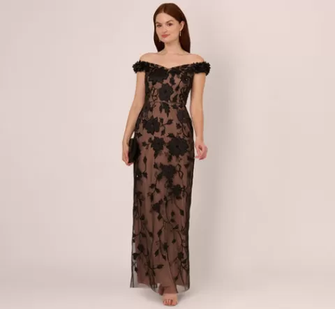 Adrianna Papell Off The Shoulder Beaded Column Gown With Rosette Accents In Black Rosegold BLACK-ROSEGOLD Fashion