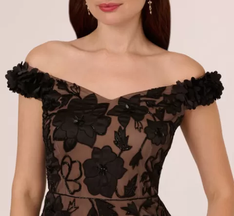 Adrianna Papell Off The Shoulder Beaded Column Gown With Rosette Accents In Black Rosegold BLACK-ROSEGOLD Fashion