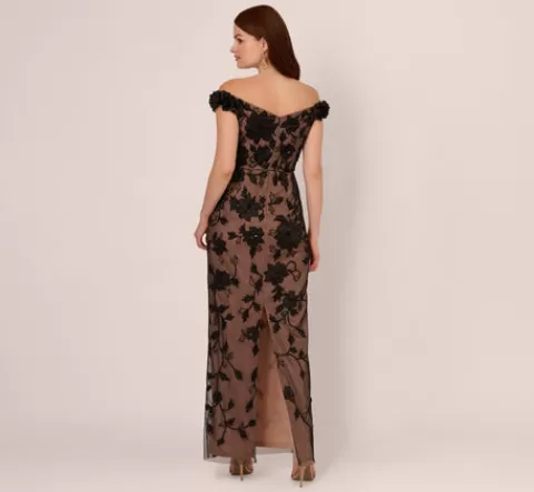Adrianna Papell Off The Shoulder Beaded Column Gown With Rosette Accents In Black Rosegold BLACK-ROSEGOLD Fashion