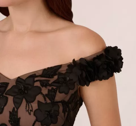 Adrianna Papell Off The Shoulder Beaded Column Gown With Rosette Accents In Black Rosegold BLACK-ROSEGOLD Fashion