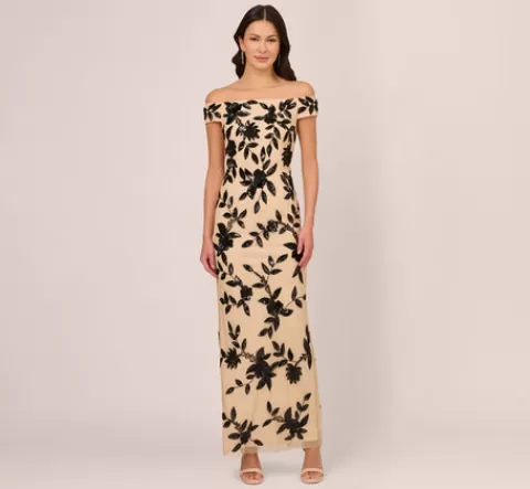 Adrianna Papell Off The Shoulder Column Gown With Leaf Beading In Black Nude BLACK-NUDE Flash Sale