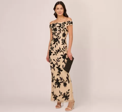 Adrianna Papell Off The Shoulder Column Gown With Leaf Beading In Black Nude BLACK-NUDE Flash Sale