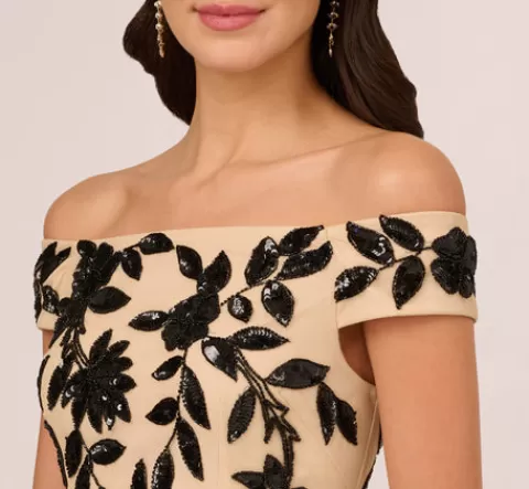 Adrianna Papell Off The Shoulder Column Gown With Leaf Beading In Black Nude BLACK-NUDE Flash Sale