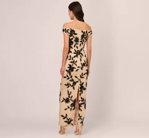 Adrianna Papell Off The Shoulder Column Gown With Leaf Beading In Black Nude BLACK-NUDE Flash Sale