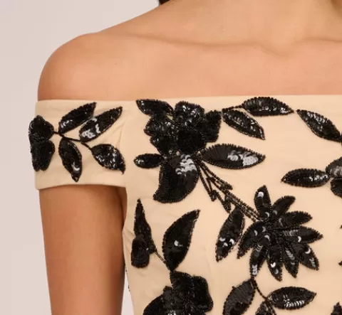 Adrianna Papell Off The Shoulder Column Gown With Leaf Beading In Black Nude BLACK-NUDE Flash Sale