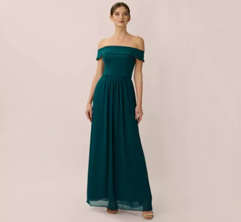 Adrianna Papell Off The Shoulder Crepe Chiffon Gown With Soft Skirt In HUNTER Shop