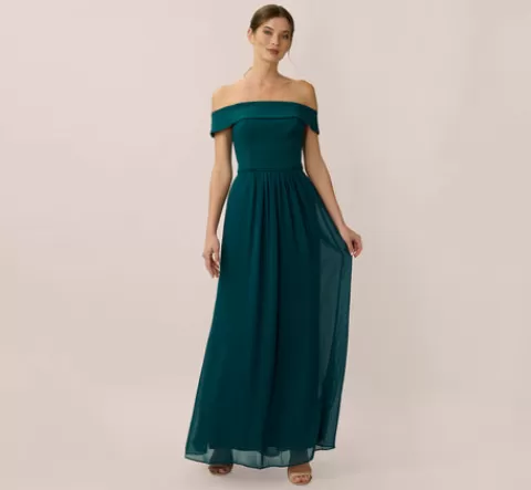 Adrianna Papell Off The Shoulder Crepe Chiffon Gown With Soft Skirt In HUNTER Shop