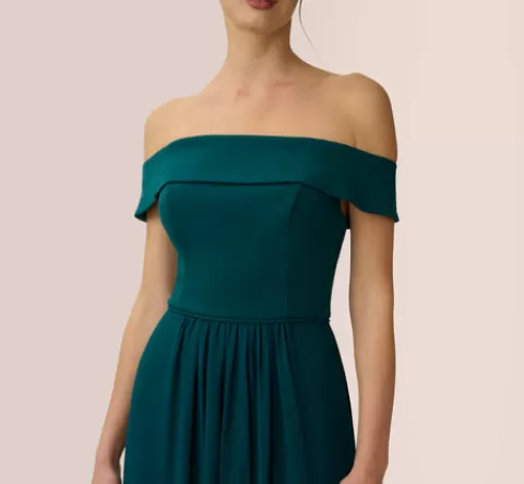 Adrianna Papell Off The Shoulder Crepe Chiffon Gown With Soft Skirt In HUNTER Shop