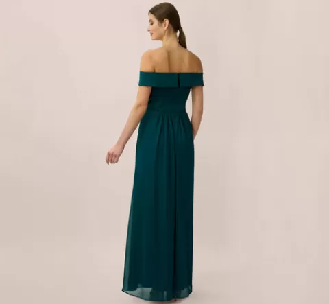 Adrianna Papell Off The Shoulder Crepe Chiffon Gown With Soft Skirt In HUNTER Shop