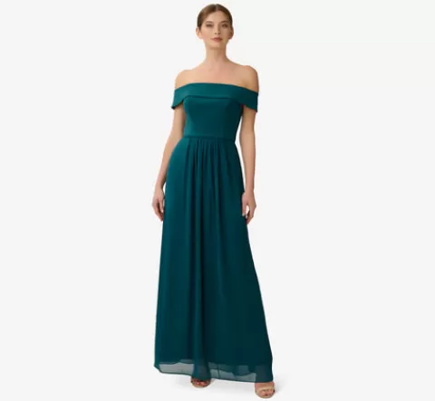 Adrianna Papell Off The Shoulder Crepe Chiffon Gown With Soft Skirt In HUNTER Shop