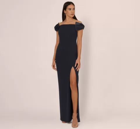 Adrianna Papell Off The Shoulder Crepe Column Gown With Bow Accents In TWILIGHT Best