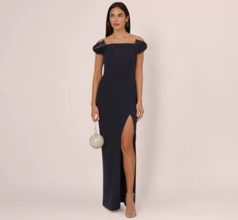 Adrianna Papell Off The Shoulder Crepe Column Gown With Bow Accents In TWILIGHT Best