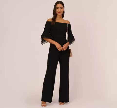 Adrianna Papell Off The Shoulder Crepe Jumpsuit With Organza Sleeves In BLACK Clearance