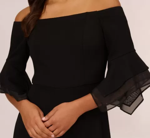 Adrianna Papell Off The Shoulder Crepe Jumpsuit With Organza Sleeves In BLACK Clearance