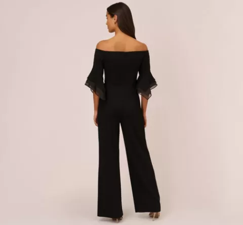 Adrianna Papell Off The Shoulder Crepe Jumpsuit With Organza Sleeves In BLACK Clearance
