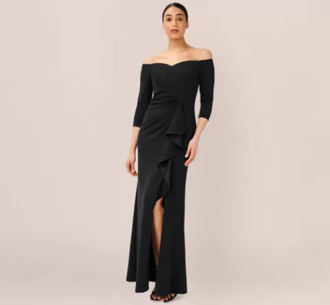 Adrianna Papell Off The Shoulder Dress With Cascading Ruffle Detail In BLACK Shop