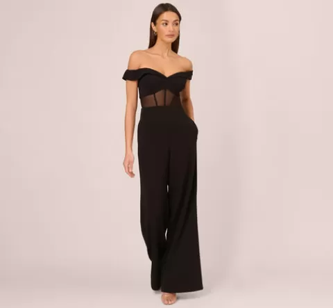 Adrianna Papell Off The Shoulder Jumpsuit With Sheer Corset Bodice In BLACK Fashion