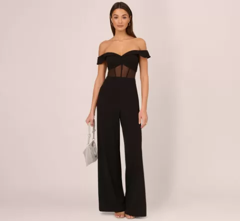 Adrianna Papell Off The Shoulder Jumpsuit With Sheer Corset Bodice In BLACK Fashion