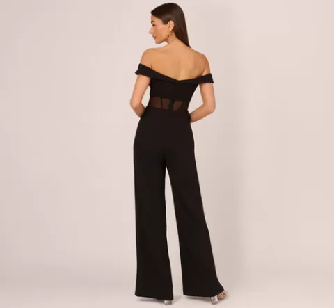 Adrianna Papell Off The Shoulder Jumpsuit With Sheer Corset Bodice In BLACK Fashion